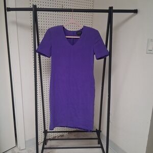 Vintage 80s SHOMI 100% Silk‎ Purple Dress 6 Short Sleeve V Neck Minimalist Chic